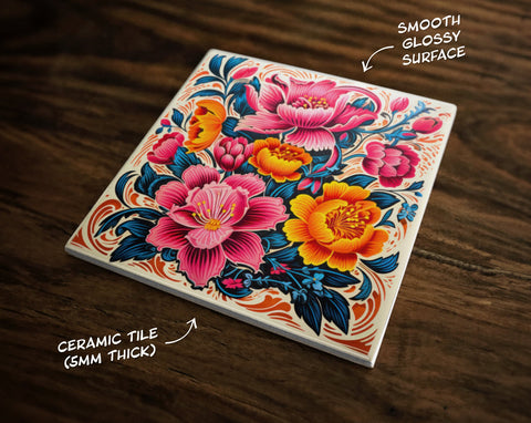 Wonderful Floral Design, on a Glossy Ceramic Decorative Tile, Free Shipping to USA