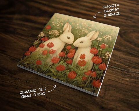 Bunny Love, Art on a Glossy Ceramic Decorative Tile, Free Shipping to USA