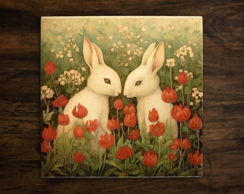 Bunny Love, Art on a Glossy Ceramic Decorative Tile, Free Shipping to USA