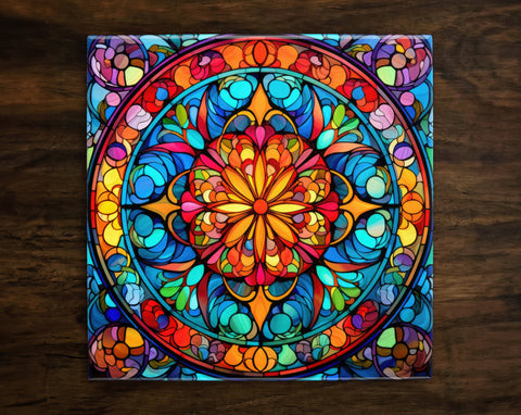 Ornate Stained Glass Kaleidoscope Art (#6), on a Glossy Ceramic Decorative Tile, Free Shipping to USA