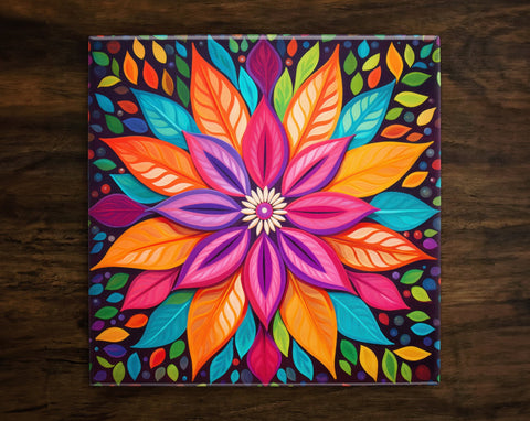 Floral Radiance (#2), Art on a Glossy Ceramic Decorative Tile, Free Shipping to USA