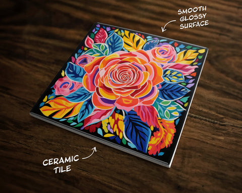 Floral Harmony, Art on a Glossy Ceramic Decorative Tile, Free Shipping to USA