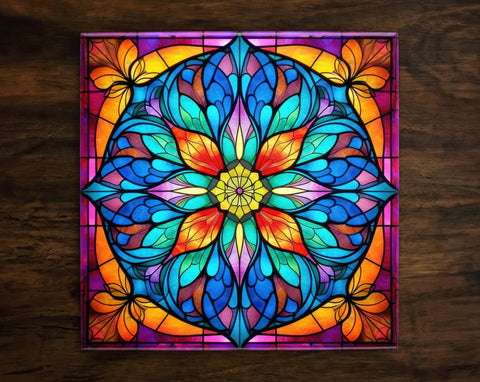 Ornate Stained Glass Kaleidoscope Art (#2), on a Glossy Ceramic Decorative Tile, Free Shipping to USA