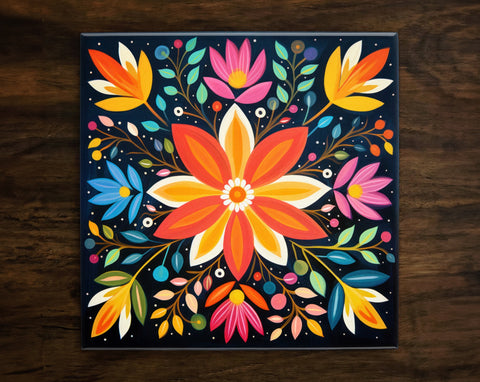 Floral Radiance (#7), Art on a Glossy Ceramic Decorative Tile, Free Shipping to USA