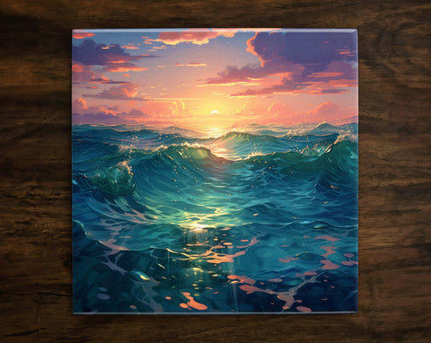 Oceanic Sunset Art, on a Glossy Ceramic Decorative Tile, Free Shipping to USA