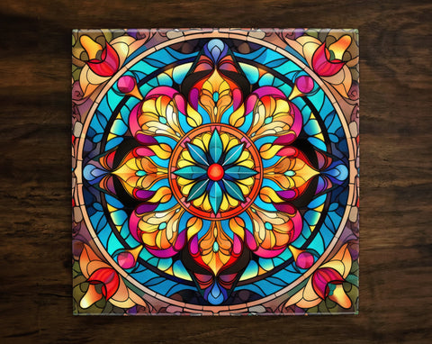 Ornate Stained Glass Kaleidoscope Art (#8), on a Glossy Ceramic Decorative Tile, Free Shipping to USA