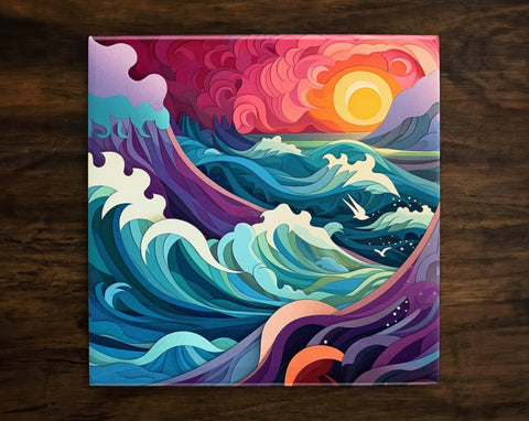 Ocean Sea Waves, Art on a Glossy Ceramic Decorative Tile, Free Shipping to USA