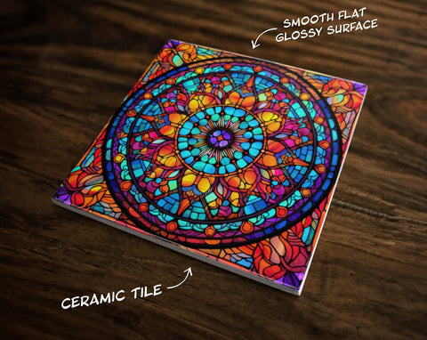 Ornate Stained Glass Kaleidoscope Art (#1), on a Glossy Ceramic Decorative Tile, Free Shipping to USA