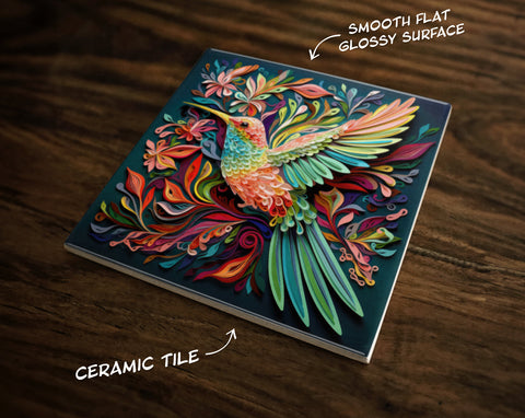 Beautifully Stylized Hummingbird Art, on a Glossy Ceramic Decorative Tile, Free Shipping to USA