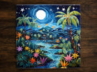 Tropical Starry Night, Art on a Glossy Ceramic Decorative Tile, Free Shipping to USA