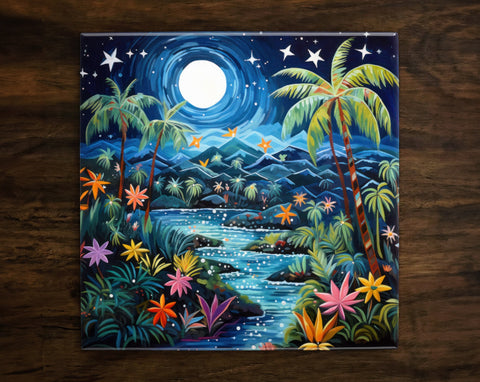 Tropical Starry Night, Art on a Glossy Ceramic Decorative Tile, Free Shipping to USA