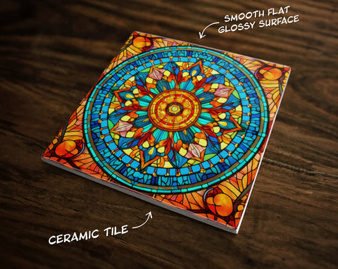 Ornate Stained Glass Kaleidoscope Art (#3), on a Glossy Ceramic Decorative Tile, Free Shipping to USA