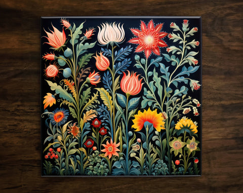 Floral Splendor (#1), Art on a Glossy Ceramic Decorative Tile, Free Shipping to USA