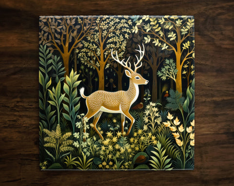 Serene Forest Scene with a Deer Art, on a Glossy Ceramic Decorative Tile, Free Shipping to USA