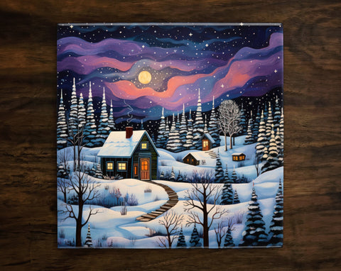 Cozy Winter Nights, Art on a Glossy Ceramic Decorative Tile, Free Shipping to USA