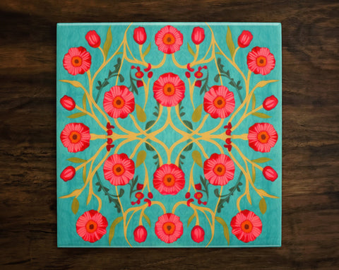 Abstract Floral Design, on a Glossy Ceramic Decorative Tile, Free Shipping to USA