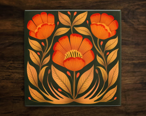 Botanical Harmony (#1), Art on a Glossy Ceramic Decorative Tile, Free Shipping to USA