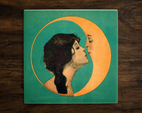 Kissing the Moon, Art on a Glossy Ceramic Decorative Tile, Free Shipping to USA