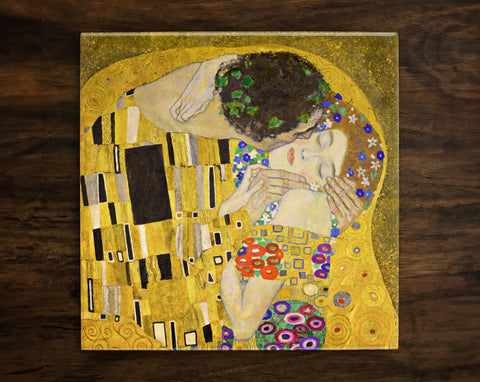 The Kiss by Gustav Klimt, Art on a Glossy Ceramic Decorative Tile, Free Shipping to USA