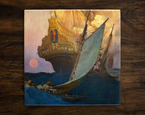 An Attack on a Galleon by Howard Pyle, Art on a Glossy Ceramic Decorative Tile, Free Shipping to USA