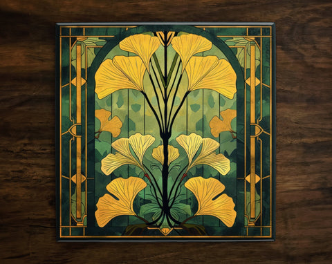 Ornate Vintage-Inspired Ginkgo Design (#1), on a Glossy Ceramic Decorative Tile, Free Shipping to USA