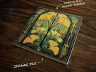 Ornate Vintage-Inspired Ginkgo Design (#1), on a Glossy Ceramic Decorative Tile, Free Shipping to USA