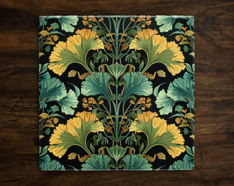 Ornate Vintage-Inspired Ginkgo Design (#2), on a Glossy Ceramic Decorative Tile, Free Shipping to USA