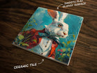 White Rabbit Portrait, Art on a Glossy Ceramic Decorative Tile, Free Shipping to USA