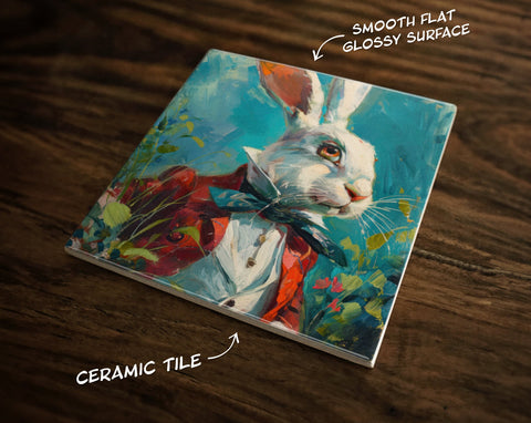 White Rabbit Portrait, Art on a Glossy Ceramic Decorative Tile, Free Shipping to USA