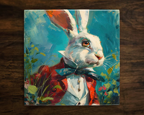 White Rabbit Portrait, Art on a Glossy Ceramic Decorative Tile, Free Shipping to USA