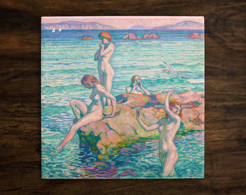 Bathers Around a Rock by Theo Van Rysselberghe, Art on a Glossy Ceramic Decorative Tile, Free Shipping to USA