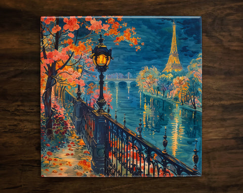 Paris Nights, Art on a Glossy Ceramic Decorative Tile, Free Shipping to USA