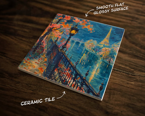 Paris Nights, Art on a Glossy Ceramic Decorative Tile, Free Shipping to USA