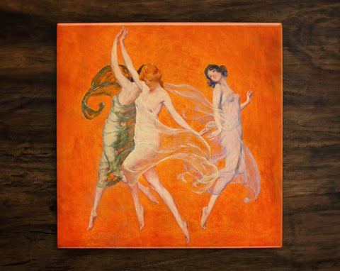 Dance of Three Muses, Art on a Glossy Ceramic Decorative Tile, Free Shipping to USA